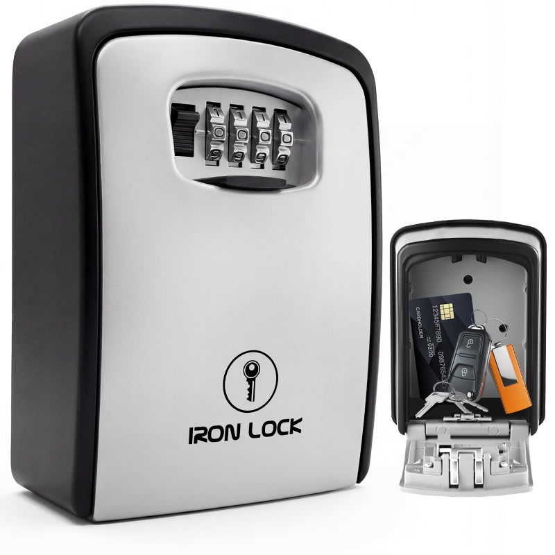 Iron Lock صندوق قفل المفاتيح Iron LockÂ® XXL للتثبيت على الحائط - صندوق مفاتيح خارجي مقاوم للماء مع هيكل معدني قوي و 4 أرقام - صندوق قفل للمفاتيح خارج المنزل، للإيجارات ووكلاء العقارات (رمادي، XXL) - Image 1